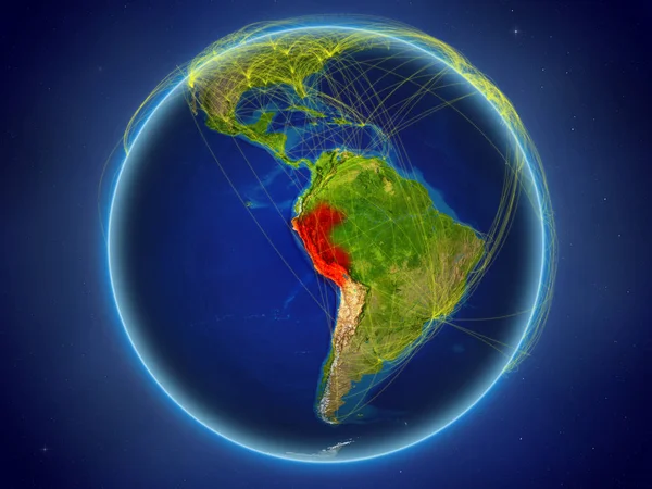 Peru from space on planet Earth with digital network representing international communication, technology and travel. 3D illustration. Elements of this image furnished by NASA.
