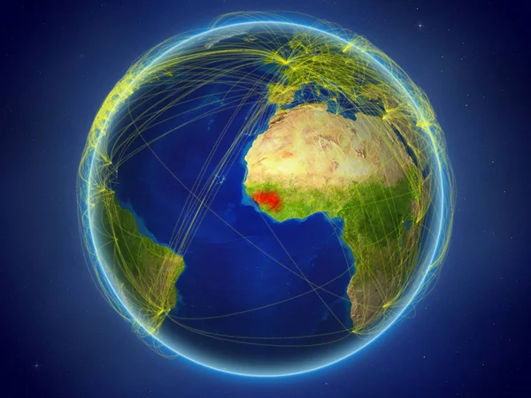 Guinea from space on planet Earth with digital network representing international communication, technology and travel. 3D illustration. Elements of this image furnished by NASA.