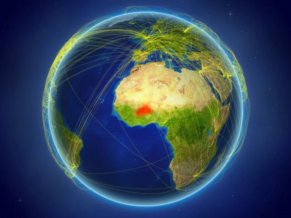 布基纳法索从地球上的空间出发 拥有代表国际通信 技术和旅行的数字网络 美国宇航局提供的这张图片的元素 — 图库照片