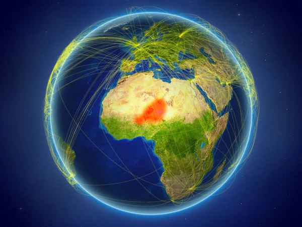 Niger from space on planet Earth with digital network representing international communication, technology and travel. 3D illustration. Elements of this image furnished by NASA.