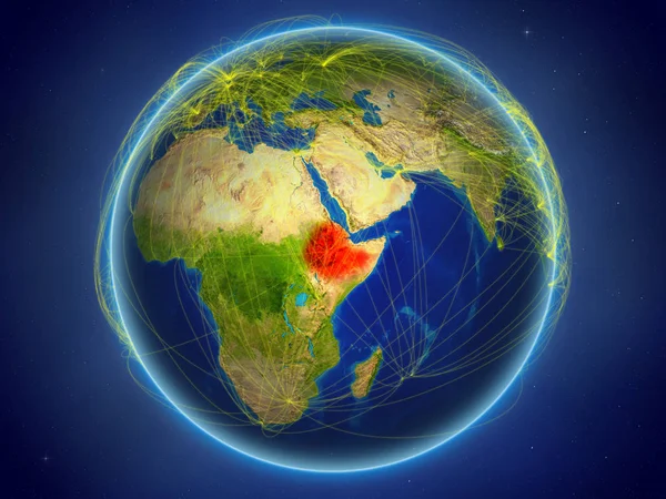 Ethiopia from space on planet Earth with digital network representing international communication, technology and travel. 3D illustration. Elements of this image furnished by NASA.