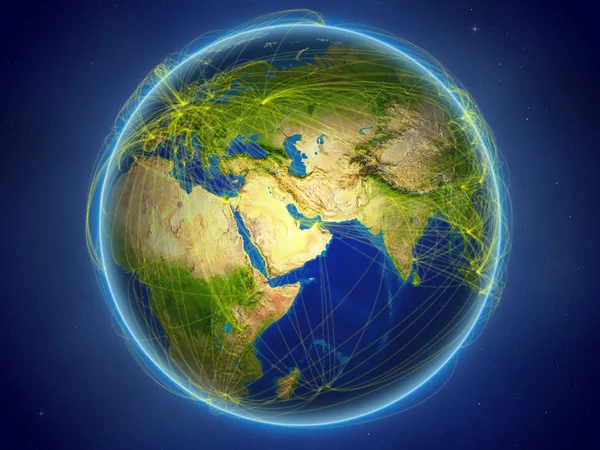 Catar Espaço Planeta Terra Com Rede Digital Representando Comunicação Internacional — Fotografia de Stock