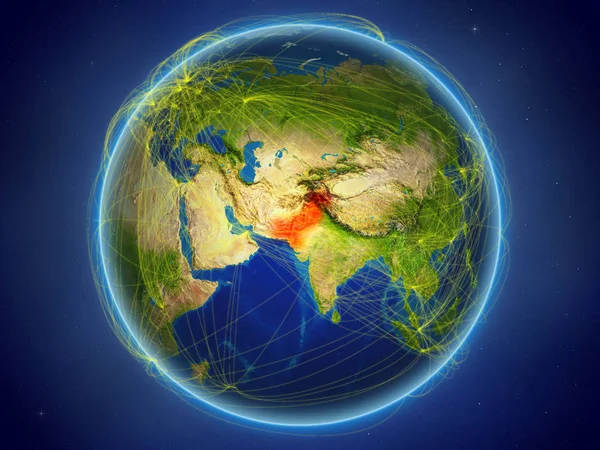 Pakistan from space on planet Earth with digital network representing international communication, technology and travel. 3D illustration. Elements of this image furnished by NASA.