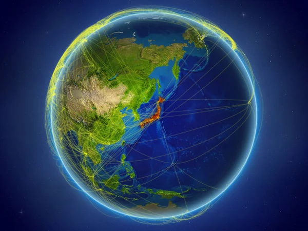 Japan from space on planet Earth with digital network representing international communication, technology and travel. 3D illustration. Elements of this image furnished by NASA.