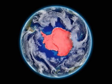 Antarktika uzaydan ayrıntılı gezegenin yüzey ve bulutlar Dünya gezegeninin gerçekçi model üzerinde. Kıta kırmızı ile vurgulanacaktır. 3D çizim. Nasa tarafından döşenmiş bu görüntü unsurları.