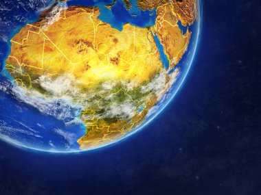 Afrika ülke sınırları ve çok detaylı gezegenin yüzey ve bulutlar Dünya gezegeninin gerçekçi model üzerinde. 3D çizim. Nasa tarafından döşenmiş bu görüntü unsurları.