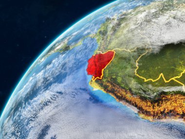 Ekvador gerçekçi bir model ülke sınırları ve çok detaylı gezegenin yüzey ve bulutlar Dünya gezegeni üzerinde. 3D çizim. Nasa tarafından döşenmiş bu görüntü unsurları.