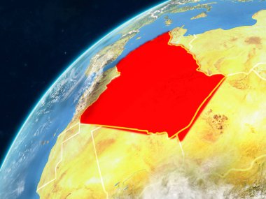 Cezayir gerçekçi bir model ülke sınırları ve çok detaylı gezegenin yüzey ve bulutlar Dünya gezegeni üzerinde. 3D çizim. Nasa tarafından döşenmiş bu görüntü unsurları.