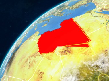 Libya gerçekçi bir model ülke sınırları ve çok detaylı gezegenin yüzey ve bulutlar Dünya gezegeni üzerinde. 3D çizim. Nasa tarafından döşenmiş bu görüntü unsurları.