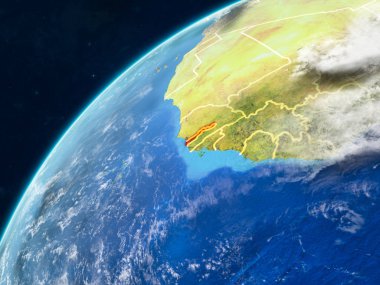 Gambiya gerçekçi bir model ülke sınırları ve çok detaylı gezegenin yüzey ve bulutlar Dünya gezegeni üzerinde. 3D çizim. Nasa tarafından döşenmiş bu görüntü unsurları.