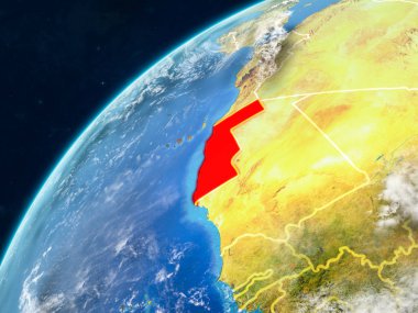Batı Sahra gerçekçi bir model ülke sınırları ve çok detaylı gezegenin yüzey ve bulutlar Dünya gezegeni üzerinde. 3D çizim. Nasa tarafından döşenmiş bu görüntü unsurları.