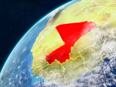 Mali gerçekçi bir model ülke sınırları ve çok detaylı gezegenin yüzey ve bulutlar Dünya gezegeni üzerinde. 3D çizim. Nasa tarafından döşenmiş bu görüntü unsurları.