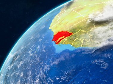 Senegal gerçekçi bir model ülke sınırları ve çok detaylı gezegenin yüzey ve bulutlar Dünya gezegeni üzerinde. 3D çizim. Nasa tarafından döşenmiş bu görüntü unsurları.