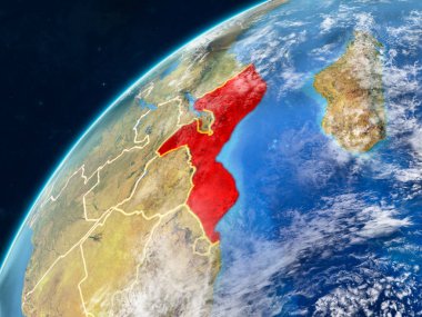 Mozambik gerçekçi bir model ülke sınırları ve çok detaylı gezegenin yüzey ve bulutlar Dünya gezegeni üzerinde. 3D çizim. Nasa tarafından döşenmiş bu görüntü unsurları.