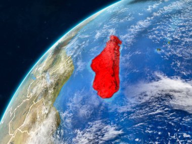 Madagaskar gerçekçi bir model ülke sınırları ve çok detaylı gezegenin yüzey ve bulutlar Dünya gezegeni. 3D çizim. Nasa tarafından döşenmiş bu görüntü unsurları.