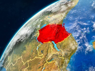 Tanzanya gerçekçi bir model ülke sınırları ve çok detaylı gezegenin yüzey ve bulutlar Dünya gezegeni üzerinde. 3D çizim. Nasa tarafından döşenmiş bu görüntü unsurları.