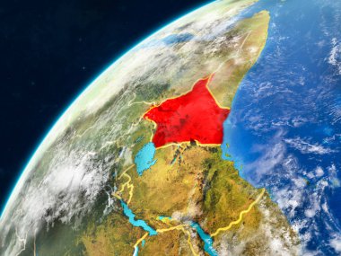 Kenya ülke sınırları ve çok detaylı gezegenin yüzey ve bulutlar Dünya gezegeninin gerçekçi model üzerinde. 3D çizim. Nasa tarafından döşenmiş bu görüntü unsurları.