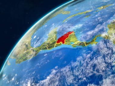 Honduras gerçekçi bir model ülke sınırları ve çok detaylı gezegenin yüzey ve bulutlar Dünya gezegeni üzerinde. 3D çizim. Nasa tarafından döşenmiş bu görüntü unsurları.