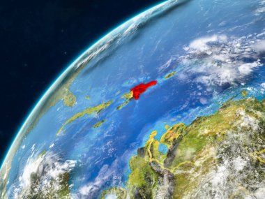 Dominik Cumhuriyeti gerçekçi bir model ülke sınırları ve çok detaylı gezegenin yüzey ve bulutlar Dünya gezegeni üzerinde. 3D çizim. Nasa tarafından döşenmiş bu görüntü unsurları.