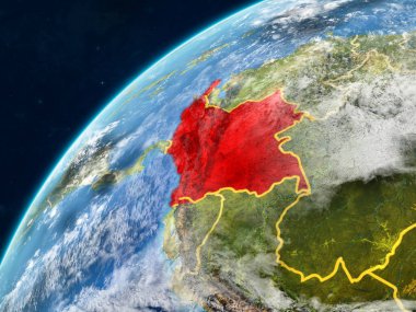 Kolombiya gerçekçi bir model ülke sınırları ve çok detaylı gezegenin yüzey ve bulutlar Dünya gezegeni üzerinde. 3D çizim. Nasa tarafından döşenmiş bu görüntü unsurları.