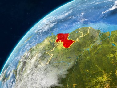 Guyana gerçekçi bir model ülke sınırları ve çok detaylı gezegenin yüzey ve bulutlar Dünya gezegeni üzerinde. 3D çizim. Nasa tarafından döşenmiş bu görüntü unsurları.