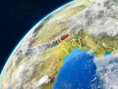 Bhutan gerçekçi bir model ülke sınırları ve çok detaylı gezegenin yüzey ve bulutlar Dünya gezegeni üzerinde. 3D çizim. Nasa tarafından döşenmiş bu görüntü unsurları.