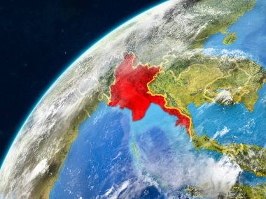 Myanmar ülke sınırları ve çok detaylı gezegenin yüzey ve bulutlar Dünya gezegeninin gerçekçi model üzerinde. 3D çizim. Nasa tarafından döşenmiş bu görüntü unsurları.