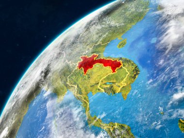 Laos gerçekçi bir model ülke sınırları ve çok detaylı gezegenin yüzey ve bulutlar Dünya gezegeni üzerinde. 3D çizim. Nasa tarafından döşenmiş bu görüntü unsurları.