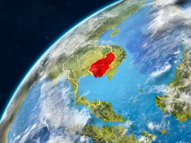 Kamboçya gerçekçi bir model ülke sınırları ve çok detaylı gezegenin yüzey ve bulutlar Dünya gezegeni üzerinde. 3D çizim. Nasa tarafından döşenmiş bu görüntü unsurları.