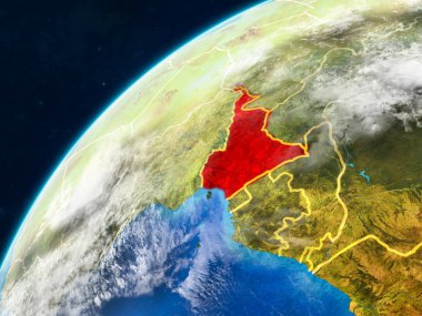 Kamerun hakkında gerçekçi bir model ülke sınırları ve çok detaylı gezegenin yüzey ve bulutlar Dünya gezegeni. 3D çizim. Nasa tarafından döşenmiş bu görüntü unsurları.
