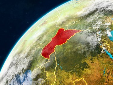 Orta Afrika ülke sınırları ve çok detaylı gezegenin yüzey ve bulutlar Dünya gezegeninin gerçekçi model üzerinde. 3D çizim. Nasa tarafından döşenmiş bu görüntü unsurları.