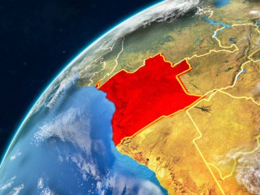 Angola gerçekçi bir model ülke sınırları ve çok detaylı gezegenin yüzey ve bulutlar Dünya gezegeni üzerinde. 3D çizim. Nasa tarafından döşenmiş bu görüntü unsurları.