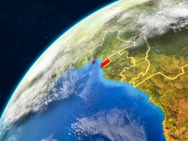 Ekvator Ginesi ülke sınırları ve çok detaylı gezegenin yüzey ve bulutlar Dünya gezegeninin gerçekçi model üzerinde. 3D çizim. Nasa tarafından döşenmiş bu görüntü unsurları.