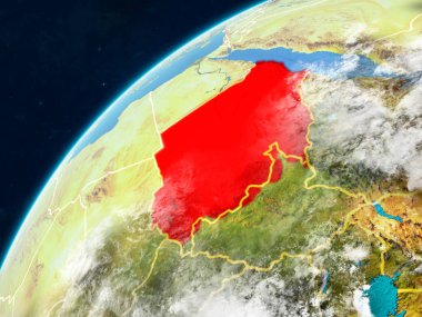 Sudan gerçekçi bir model ülke sınırları ve çok detaylı gezegenin yüzey ve bulutlar Dünya gezegeni üzerinde. 3D çizim. Nasa tarafından döşenmiş bu görüntü unsurları.