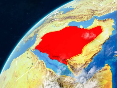 Suudi Arabistan gerçekçi bir model ülke sınırları ve çok detaylı gezegenin yüzey ve bulutlar Dünya gezegeni üzerinde. 3D çizim. Nasa tarafından döşenmiş bu görüntü unsurları.