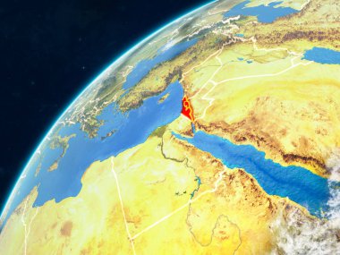 İsrail gerçekçi bir model ülke sınırları ve çok detaylı gezegenin yüzey ve bulutlar Dünya gezegeni üzerinde. 3D çizim. Nasa tarafından döşenmiş bu görüntü unsurları.