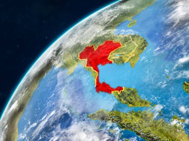 Tayland ülke sınırları ve çok detaylı gezegenin yüzey ve bulutlar Dünya gezegeninin gerçekçi model üzerinde. 3D çizim. Nasa tarafından döşenmiş bu görüntü unsurları.