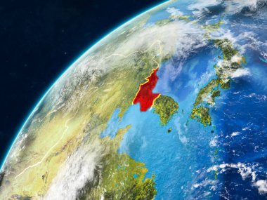 Kuzey Kore gerçekçi bir model ülke sınırları ve çok detaylı gezegenin yüzey ve bulutlar Dünya gezegeni üzerinde. 3D çizim. Nasa tarafından döşenmiş bu görüntü unsurları.
