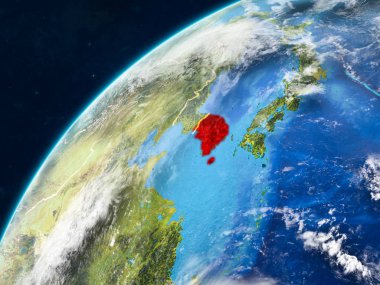 Güney Kore gerçekçi bir model ülke sınırları ve çok detaylı gezegenin yüzey ve bulutlar Dünya gezegeni üzerinde. 3D çizim. Nasa tarafından döşenmiş bu görüntü unsurları.