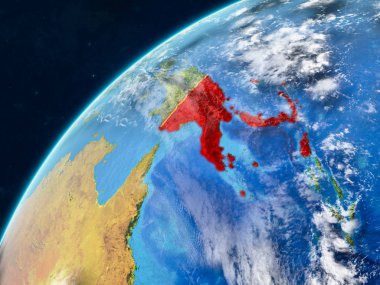 Papua Yeni Gine gerçekçi bir model ülke sınırları ve çok detaylı gezegenin yüzey ve bulutlar Dünya gezegeni üzerinde. 3D çizim. Nasa tarafından döşenmiş bu görüntü unsurları.