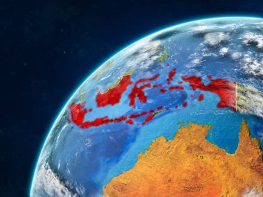 Endonezya ülke sınırları ve çok detaylı gezegenin yüzey ve bulutlar Dünya gezegeninin gerçekçi bir model üzerinde. 3D çizim. Nasa tarafından döşenmiş bu görüntü unsurları.