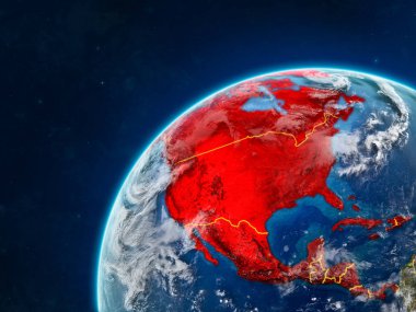 Kuzey Amerika ülke sınırları ve çok detaylı gezegenin yüzey ve bulutlar Dünya gezegeninin gerçekçi model üzerinde. 3D çizim. Nasa tarafından döşenmiş bu görüntü unsurları.