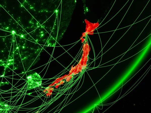 Japan on green model of planet Earth with network at night. Concept of green technology, communication and travel. 3D illustration. Elements of this image furnished by NASA.
