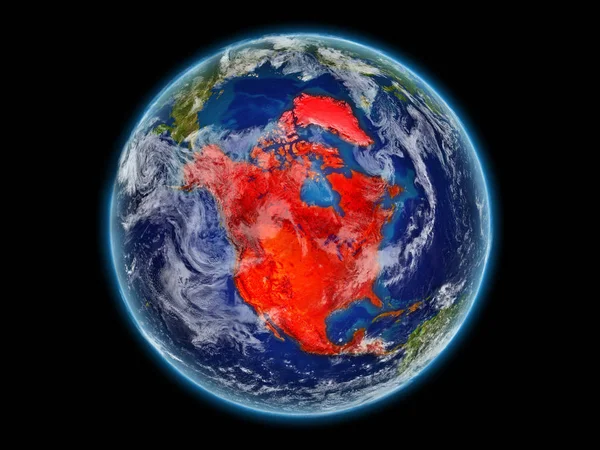 北美从太空上对行星地球的现实模型与详细的行星表面和云 大陆以红色突出显示 美国宇航局提供的这张图片的元素 — 图库照片