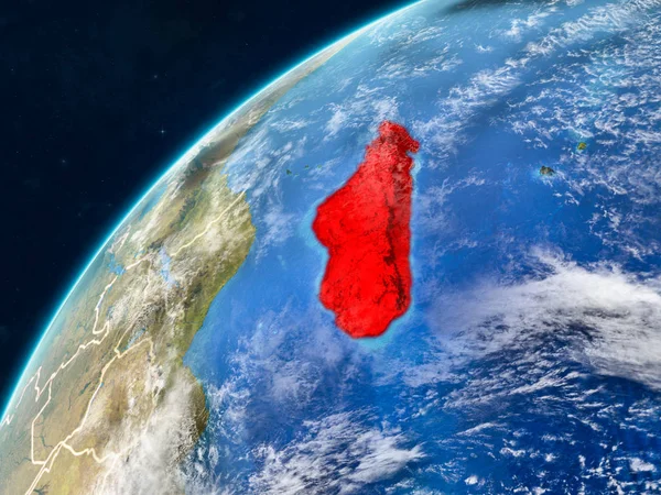 Madagaskar gerçekçi bir model ülke sınırları ve çok detaylı gezegenin yüzey ve bulutlar Dünya gezegeni. 3D çizim. Nasa tarafından döşenmiş bu görüntü unsurları.