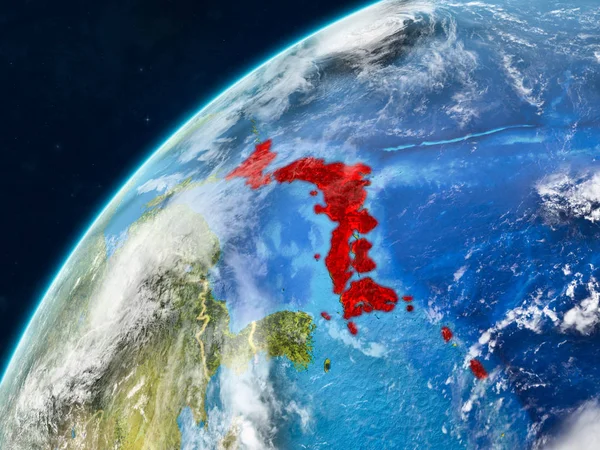 Japan on realistic model of planet Earth with country borders and very detailed planet surface and clouds. 3D illustration. Elements of this image furnished by NASA.