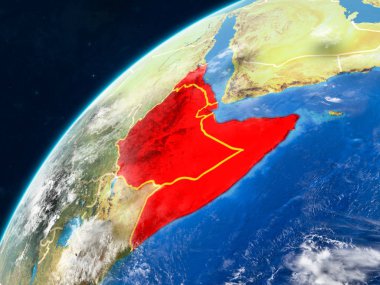 Afrika Boynuzu gerçekçi bir model ülke sınırları ve çok detaylı gezegenin yüzey ve bulutlar Dünya gezegeni üzerinde. 3D çizim. Nasa tarafından döşenmiş bu görüntü unsurları.