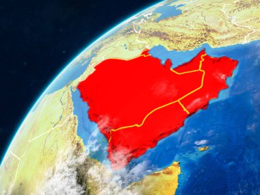 Arabistan gerçekçi bir model ülke sınırları ve çok detaylı gezegenin yüzey ve bulutlar Dünya gezegeni üzerinde. 3D çizim. Nasa tarafından döşenmiş bu görüntü unsurları.
