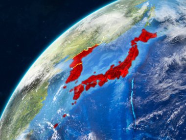 Japonya ve Kore gerçekçi bir model ülke sınırları ve çok detaylı gezegenin yüzey ve bulutlar Dünya gezegeni üzerinde. 3D çizim. Nasa tarafından döşenmiş bu görüntü unsurları.