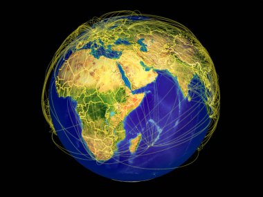 Ülke sınırları ve uluslararası iletişim, seyahat, bağlantıları temsil eden satırları ile dünyanın uzaydan Afrika boynuzu. 3D çizim. Nasa tarafından döşenmiş bu görüntü unsurları.